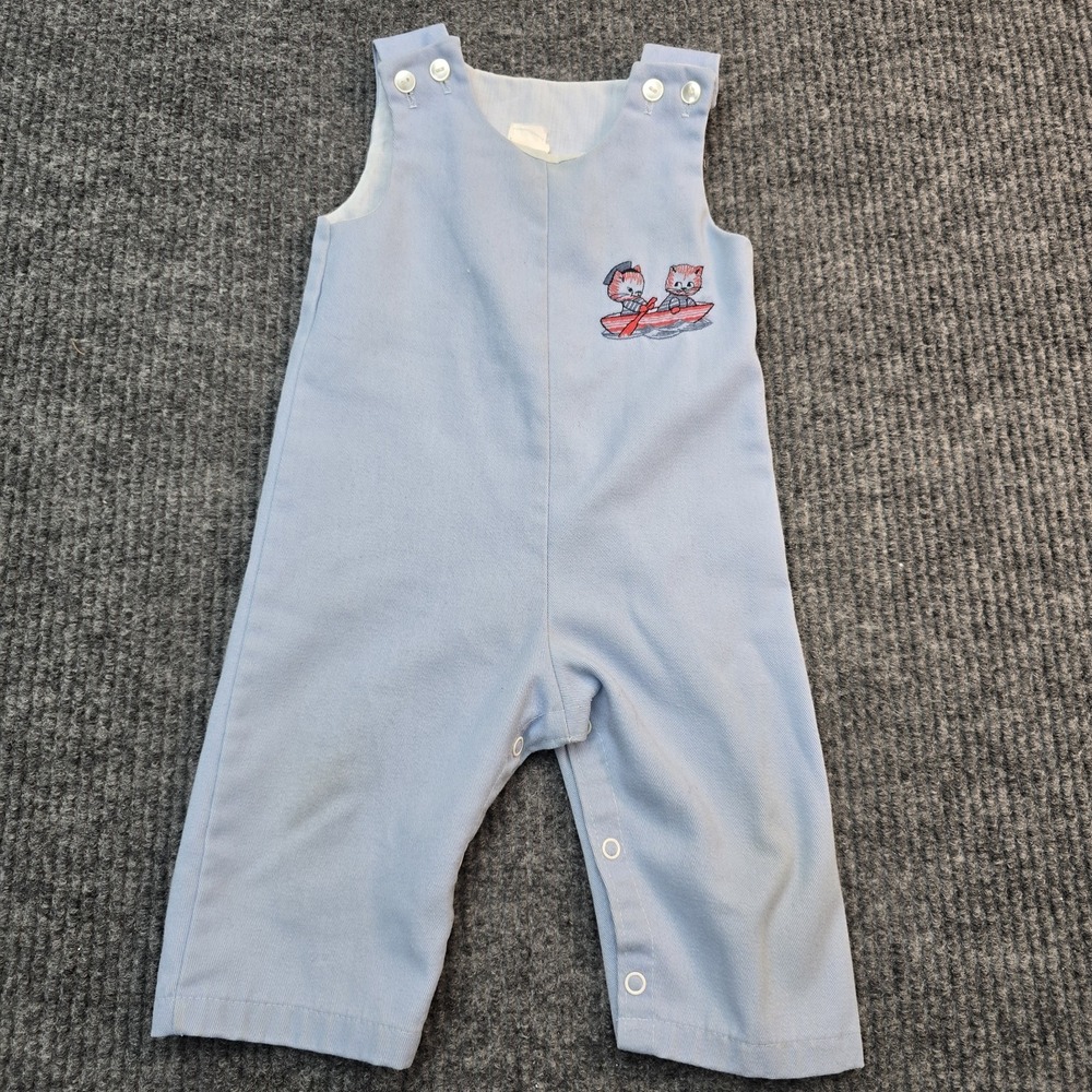 Baby Romper 9 Months Blue One Piece Overalls Cats in Boat Embroidered Snap...
